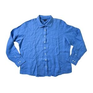 Lands End Linen Button Down Top Long Sleeve Blue Coastal Womens 18/20 XL Petite